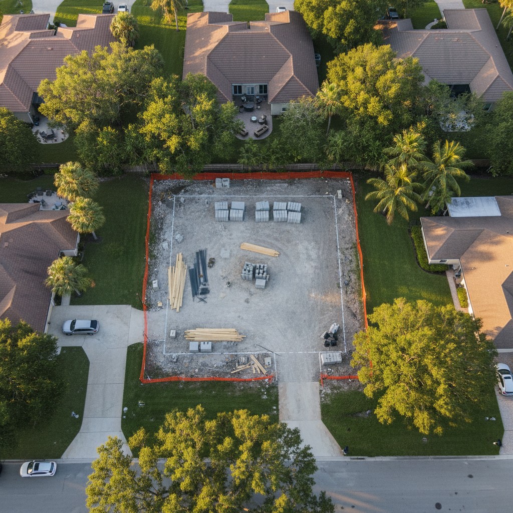 Aerial View of Residential Neighborhood Under Construction with Unfinished Houses and Pallets of Building Materials.