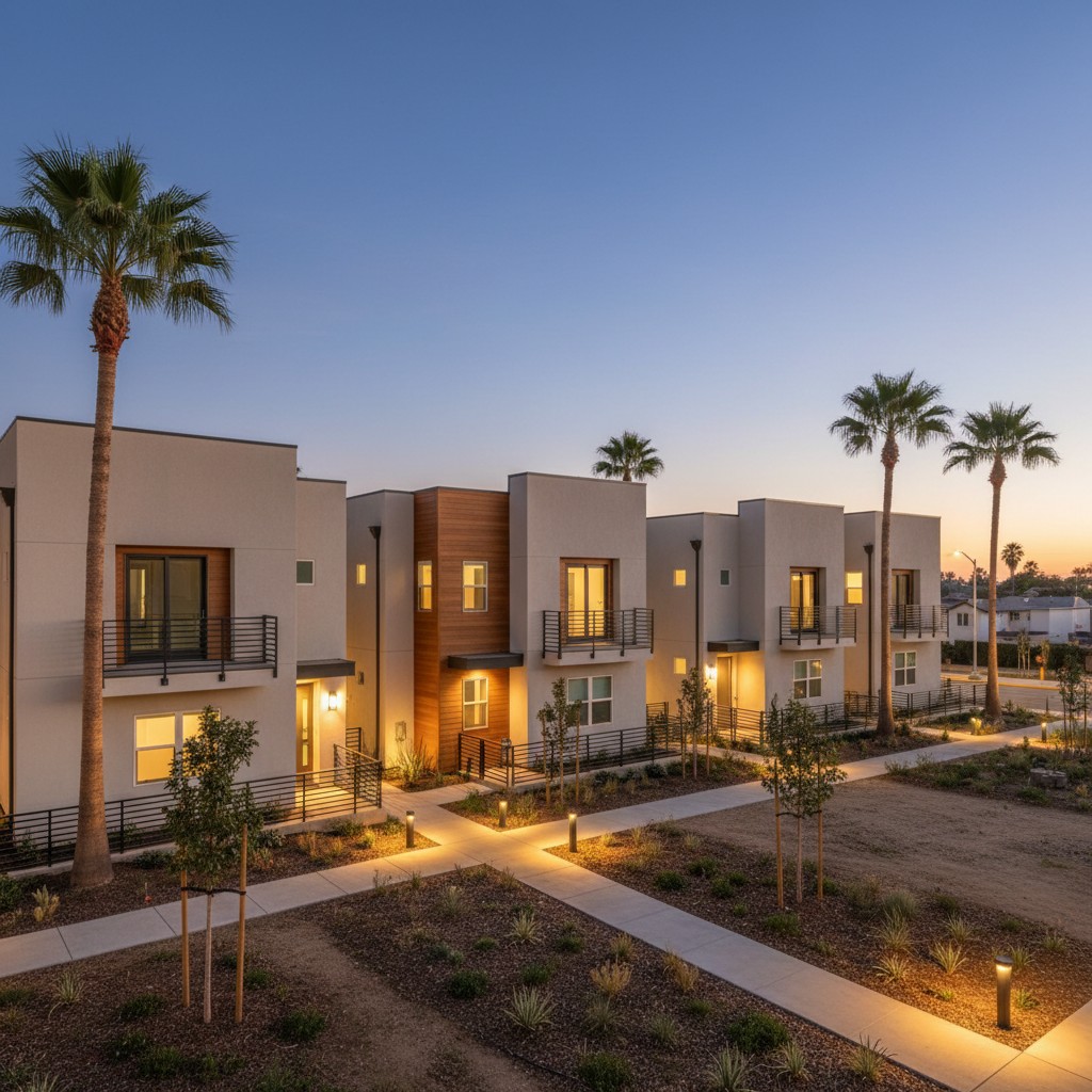 A row of modern townhouses, each with tasteful landscaping and lighting.