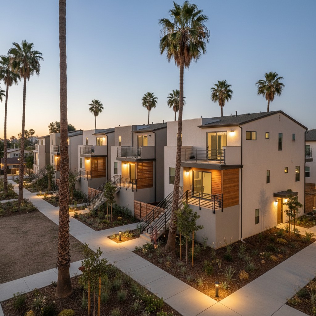A row of modern, three-story duplexes with white stucco and wood accents, featuring staircases and palm trees in front, un...