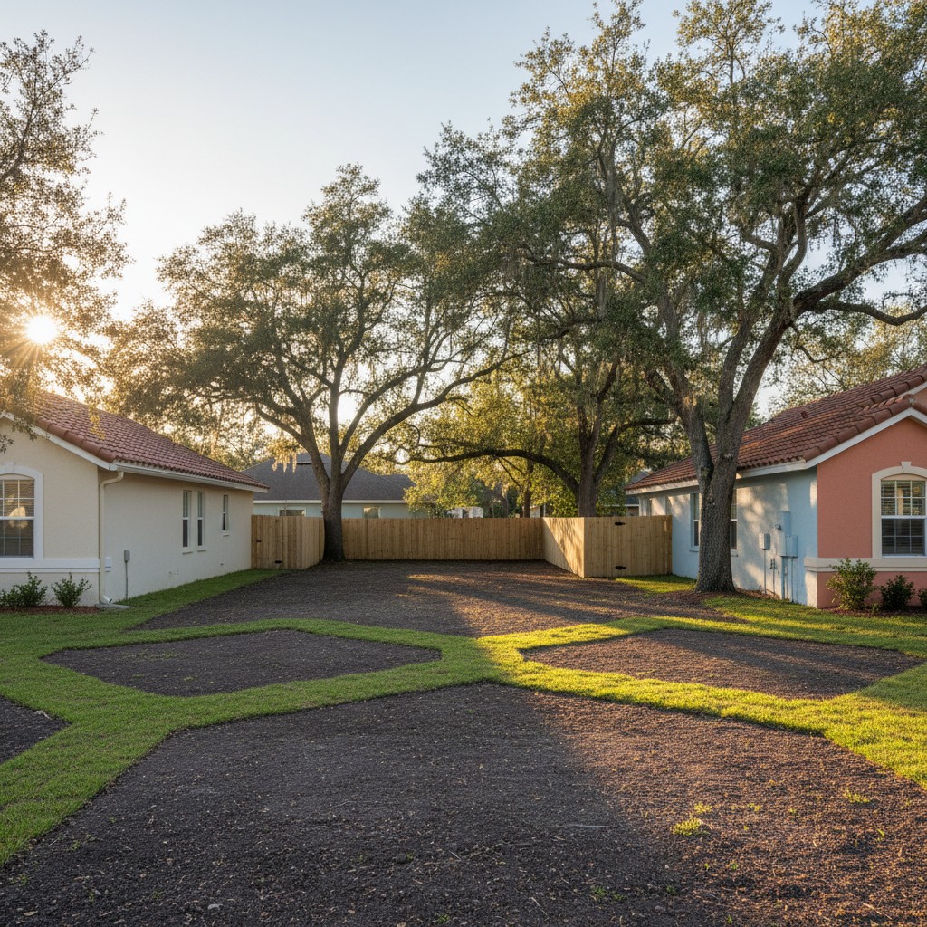 Backyard of a home with trees and a fence at dusk.