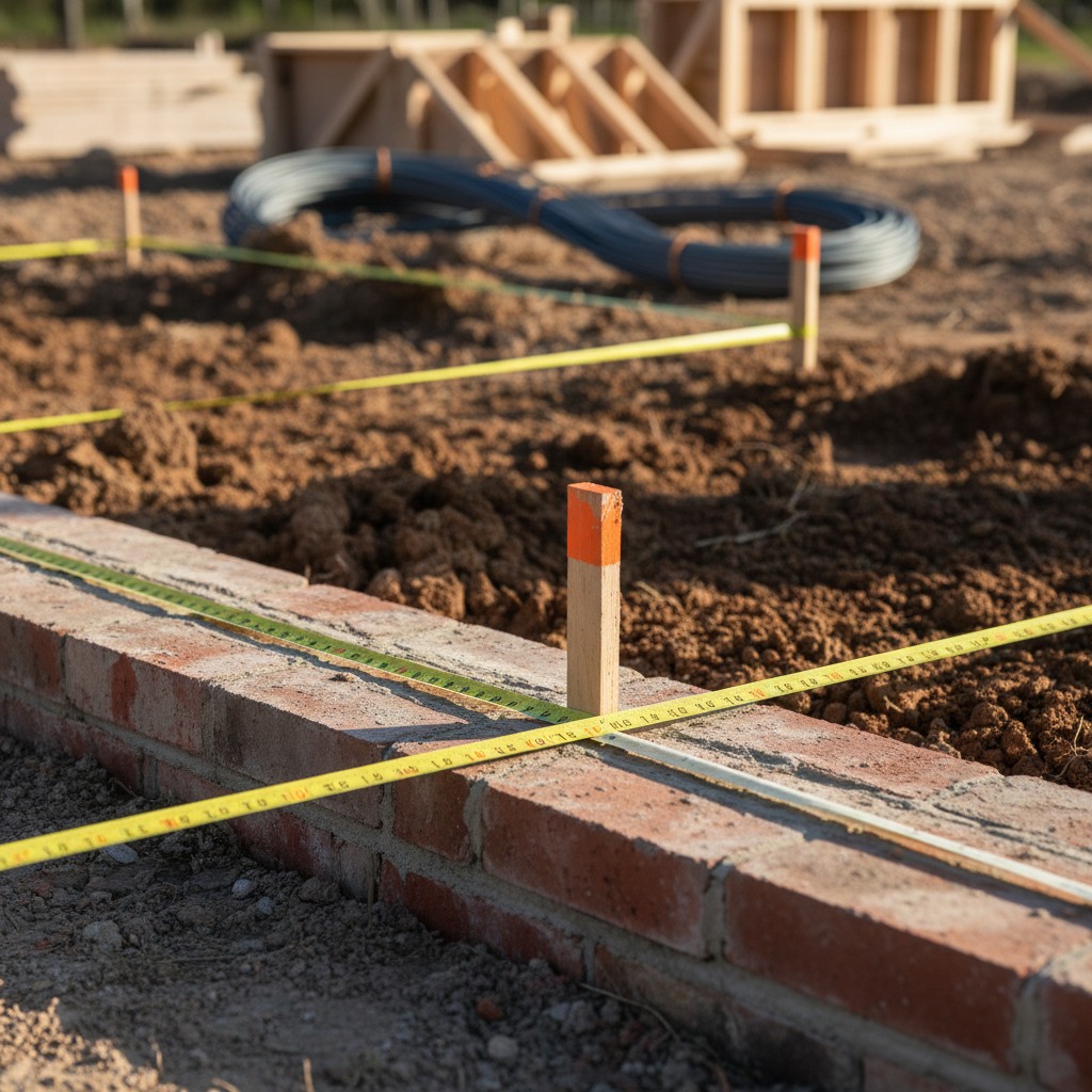 General construction site with yardstick and plywood forms.