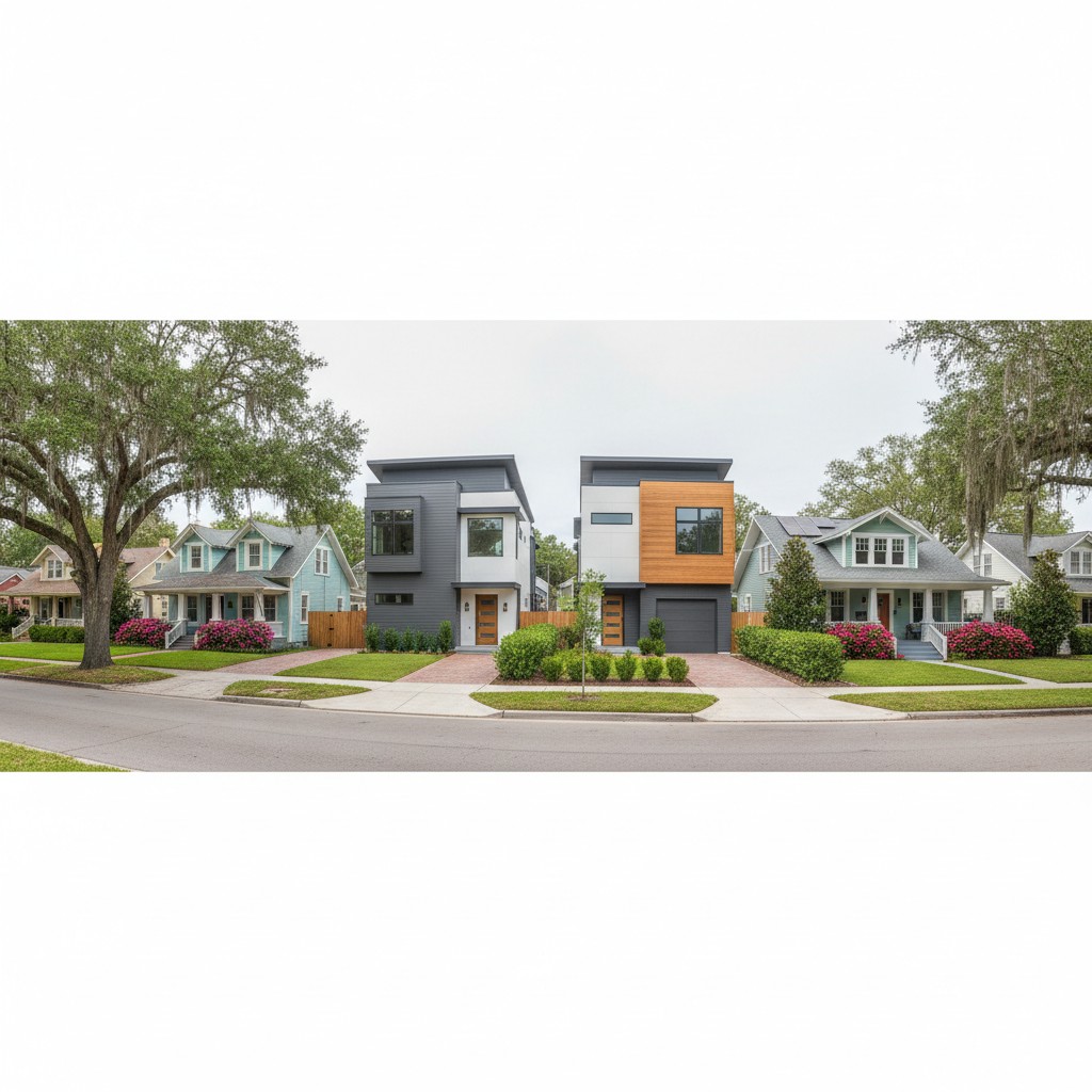 Wide-angle shot of two modern houses with contemporary design on either side of the street. The two houses appear to have ...